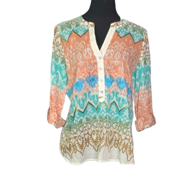 Chico's Tops - Chico's Sz 1 Ikat Print Cotton Popover Tunic M/L